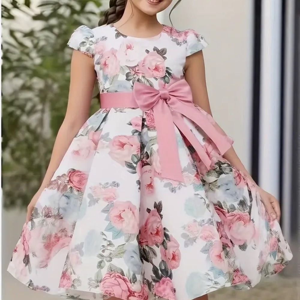 Handmade White and Pink Fit and Flare Dress with Puff Cap Sleeves for Wedding.